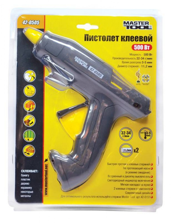 MasterTool Пістолет клейовий Ø 11,2 мм 500 Вт 32-34 г/хв Крапля-Стоп", Арт.: 42-0505-42-0505