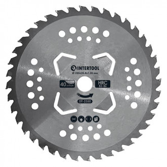 Ніж для мотокоси/тримера з твердосплавними напайками ø255*25.4*1.35 мм, 40T, HRC 82-86, 4 підрізні лопаті INTERTOOL DT-2350-[articul]