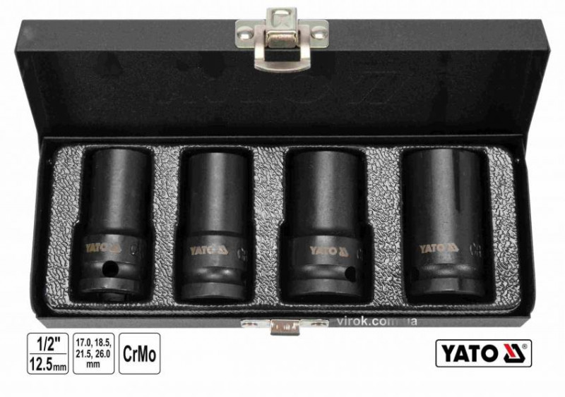 Торцеві головки ударні для зриву гвинтів YATO: квадрат-1/2", L=55 мм; М17, 18.5, 21.5, 26 мм, 4 шт.-YT-06030