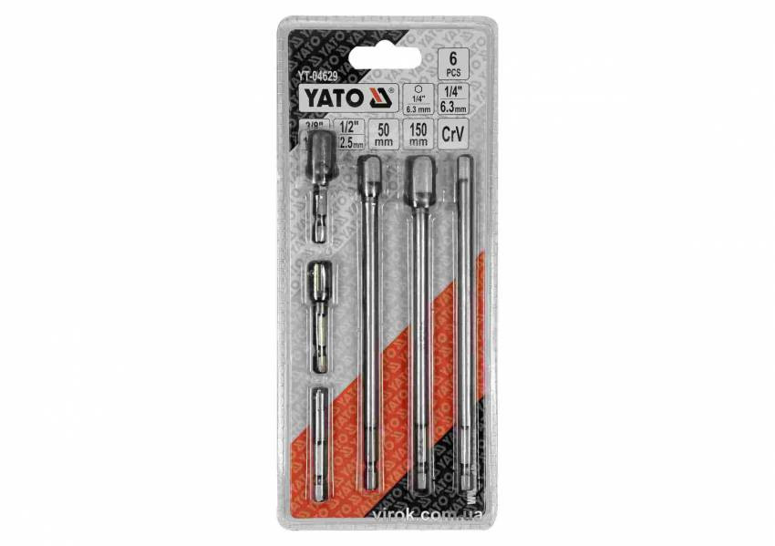 Тримачі-адаптери торцевих головок YATO: квадрат-1/4",3/8",1/2", L=50 та 150 мм, HEX-1/4", Cr-V, 6 шт.-YT-04629
