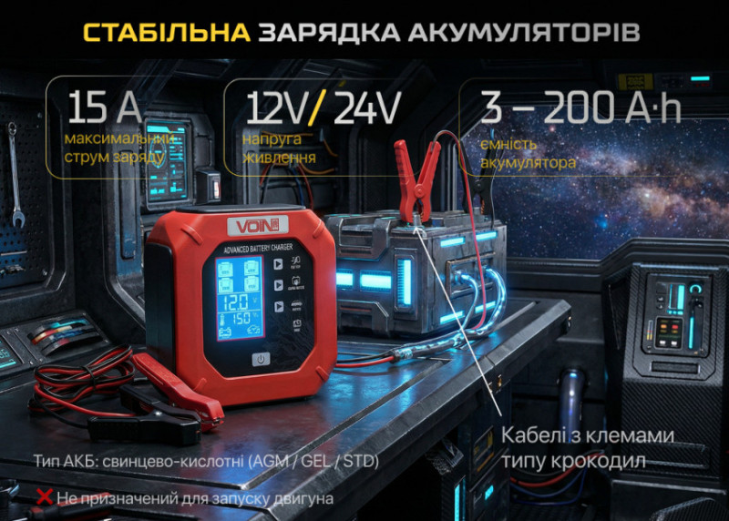 Зарядний пристрій VOIN VL-215 12&24V/15A/3-200AHR/LCD/Iмпульсний-VL-215