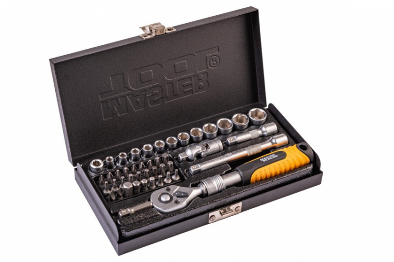 Набір насадок торцевих MASTERTOOL PROFI CrV 1/4" 4-13 мм тріскачка що подовжується 72Т 45 шт металевий кейс 78-2045-78-2045