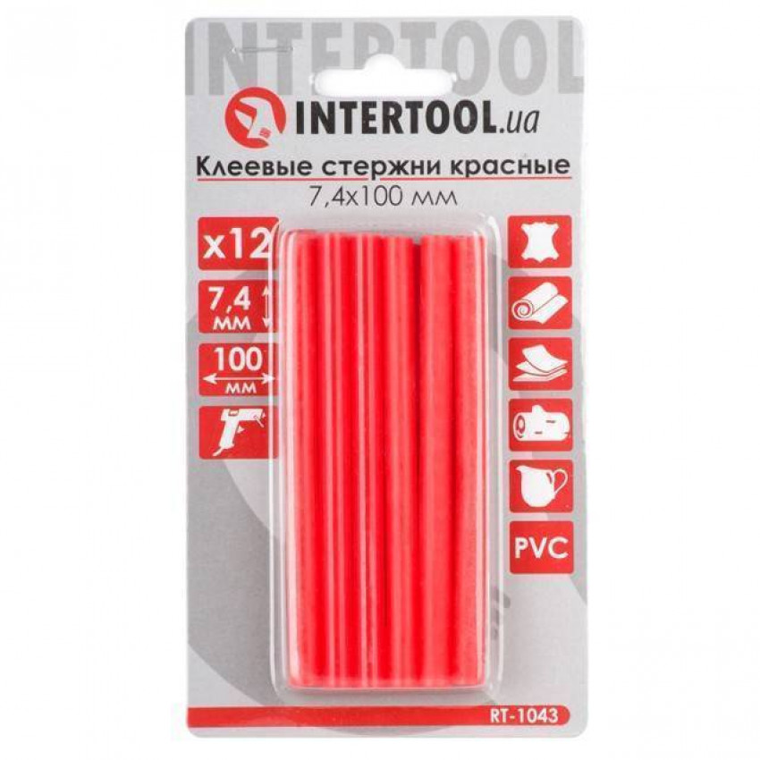 Комплект клейових стрижнів червоних, 7,4×100 мм, 12 шт. INTERTOOL RT-1043-RT-1043