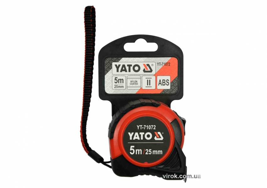 Рулетка YATO : L= 5 м x 25 мм, з сталевою стрічкою, нейлоновим покриттям-YT-71072