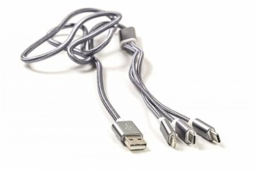 Кабель PowerPlant 2.1A 3-в-1 USB AM - Type-C/Lightning/Micro, 1.2м, сірий-CA910663
