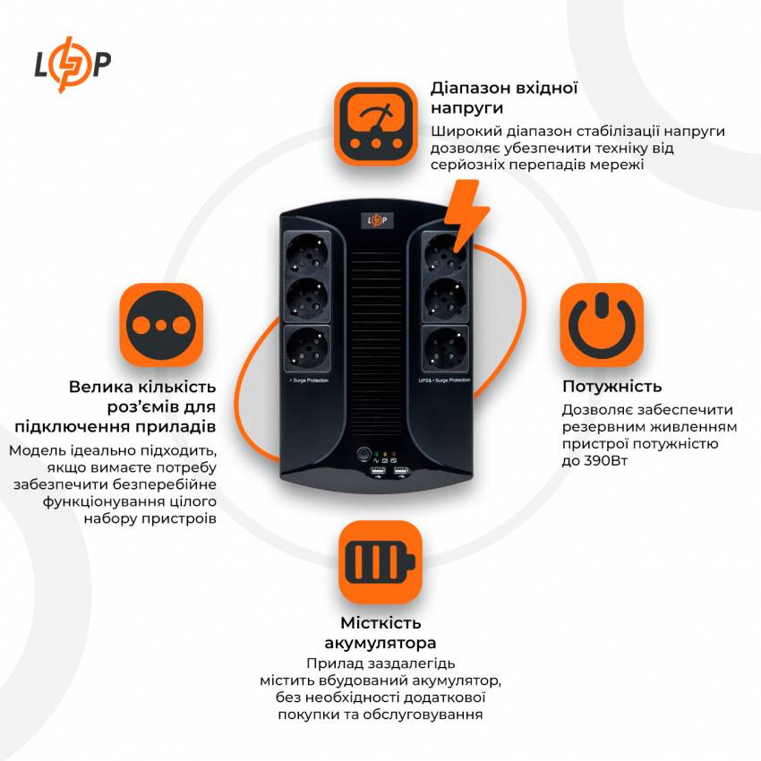 Лінійно-інтерактивне ДБЖ LP 850VA-6PS (595Вт)-