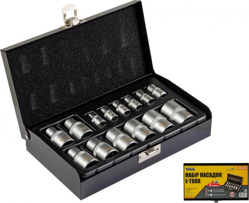 Набір насадок торцевих MASTERTOOL CRV E-TORX 14 шт (1/4"-4/5/6/7/8/10 мм 1/2"-10/11/12/14/16/18/20/22 мм) 78-1414-78-1414