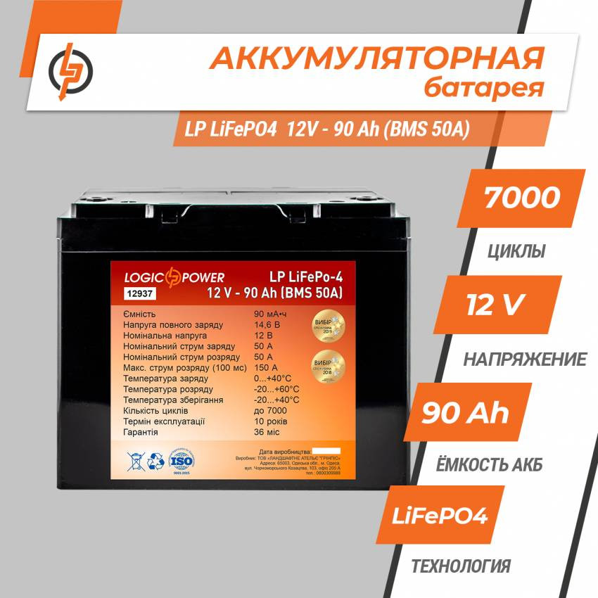 Акумулятор LP LiFePO4 12V - 90 Ah (BMS 50A/25A) пластик-