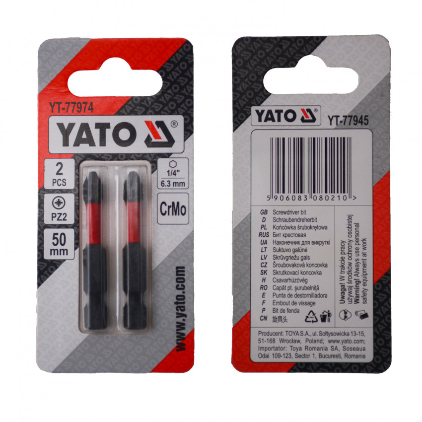 Насадка викруткова YATO PZ2 х 50 мм. HEX 1/4", хром-молібден, 2 шт.-YT-77974