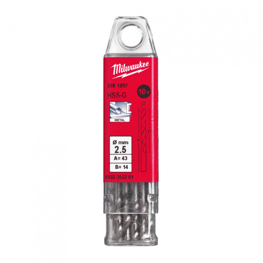 Свердло по металу HSS-G MILWAUKEE DIN1897, Ø2,5х43х14мм, скорочене, (10шт)-4932352201