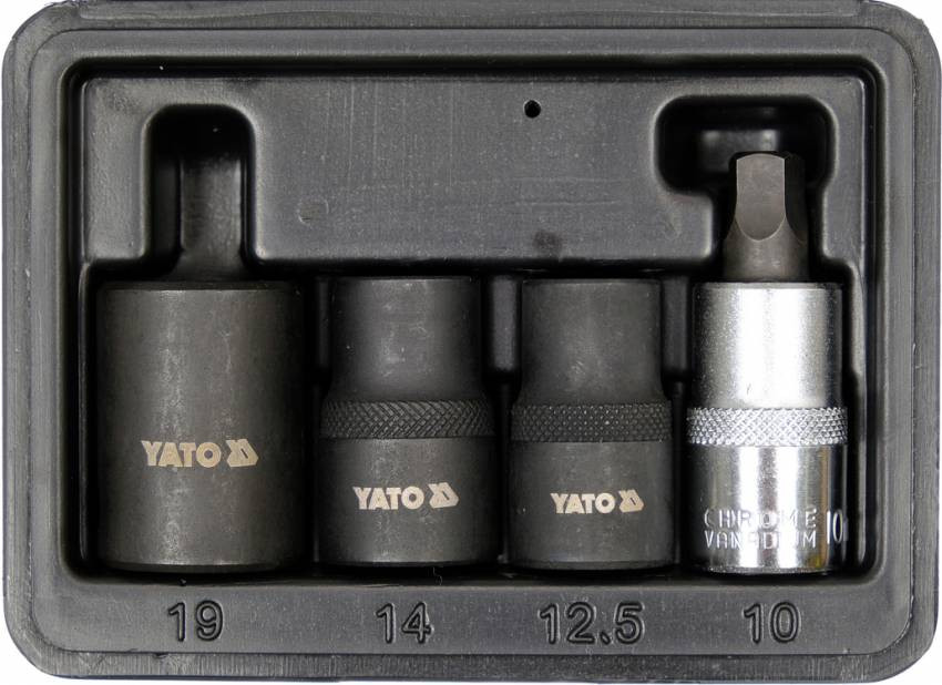 Головки 5-гранні для гальмівних супортів авто YATO: квадр-1/2", 12.5, 14, 19 мм біта- 10 мм, 4 шт-YT-06806
