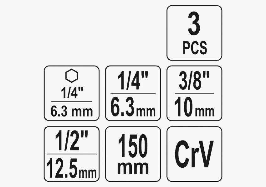Тримачі-адаптери торцевих головок YATO: квадрат-1/4", 3/8", 1/2", L=150 мм, HEX-1/4", Cr-V, 3 шт-YT-04628