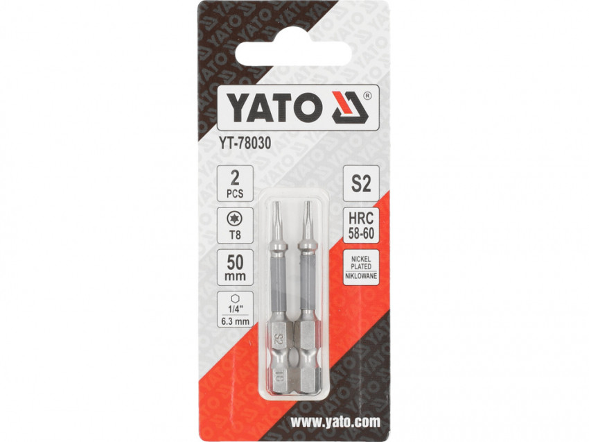Насадка викруткова YATO; "TORX" T8 х 50 мм. шпиндель 6-гран- 1/4", покрита нікелем, 2 шт.[10]-YT-78030