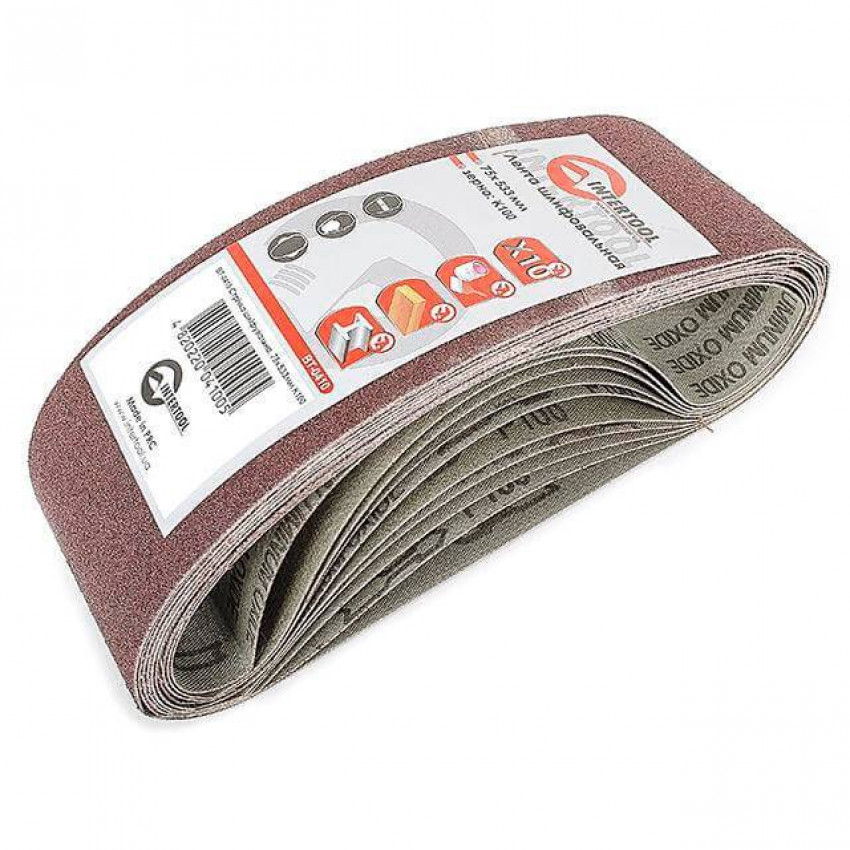 Стрічка шліфувальна, 75×533 мм, зерно K100, 10 шт. INTERTOOL BT-0410-BT-0410