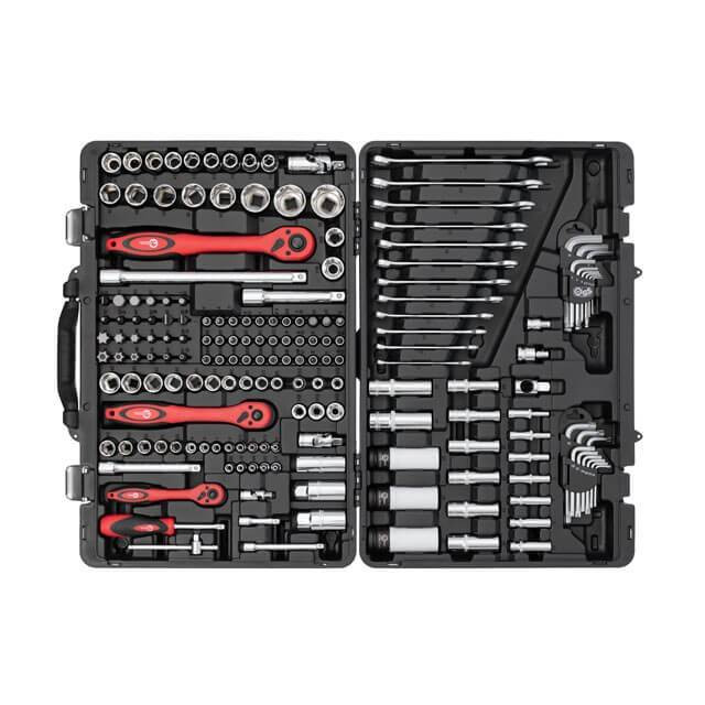 Набір інструментів, проф., 1/2" + 3/8" + 1/4", Cr-V, 176 од., головки: 4-32 мм, E4-E24, біти 57 од., подовж. головки: 4-18 мм, ключі: 8-19 мм, кейс INTERTOOL ET-7176-ET-7176