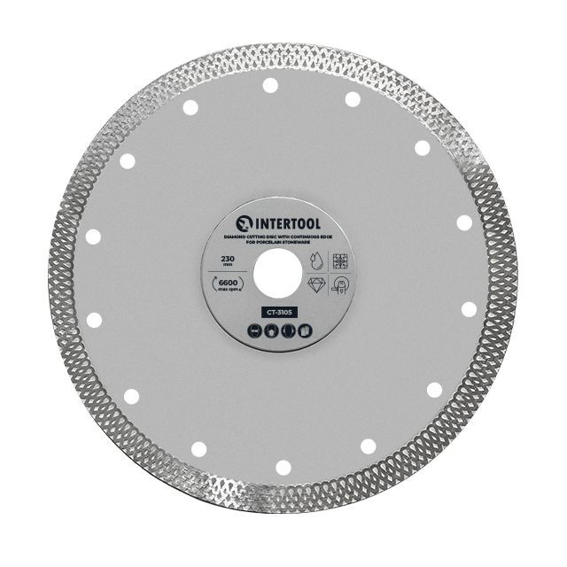 Диск відрізний алмазний, з суцільною кромкою, по керамограніту, 230 мм, 36%, 6600 об/хв INTERTOOL CT-3105-CT-3105