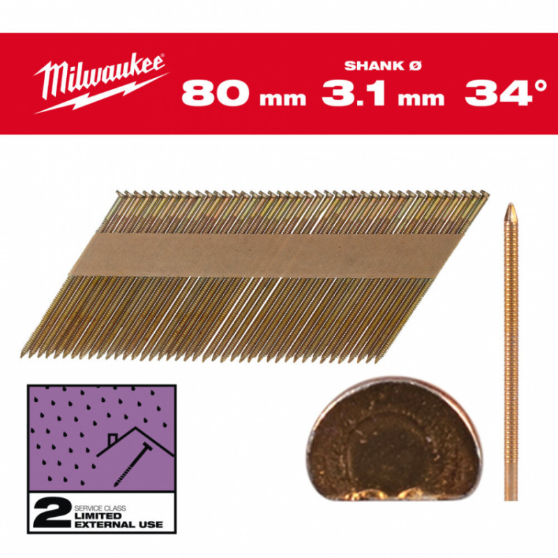 Цвяхи оцинковані з кільцевою накаткою та D-образною головкою MILWAUKEE 3,1/34 градуси/80мм (2200шт)-4932492611