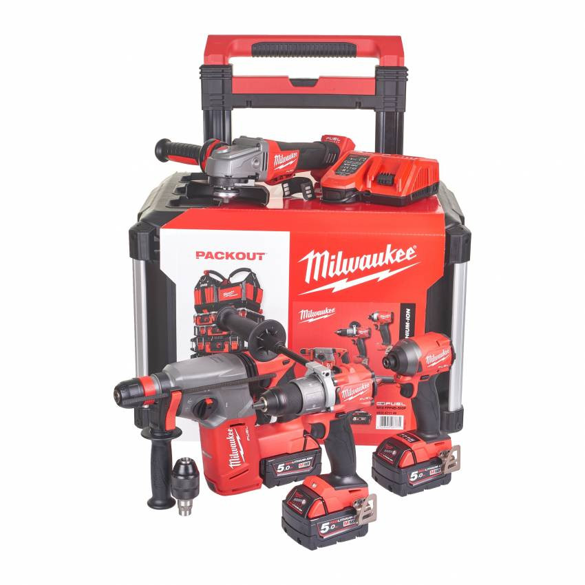Набір акумуляторних інструментів MILWAUKEE, M18FPP4B-503P (FPD2, FID2, CHX, CAG125XPDB зарядний пристрій, 3 акум.Х 5Ач, Ящик на колесах PACKOUT)-4933471149