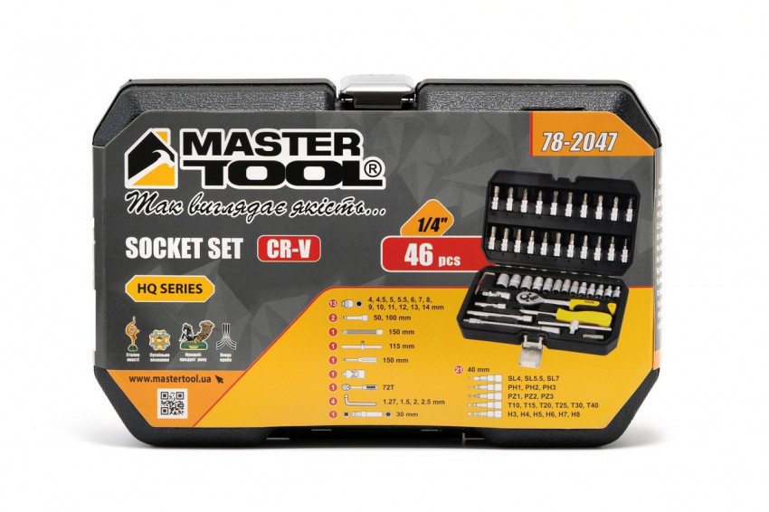 MasterTool Набір торцевих насадок PROFI CrV 1/4” 4-14 мм, тріскачка 72Т, 46 шт, кейс, Арт.: 78-2047-78-2047