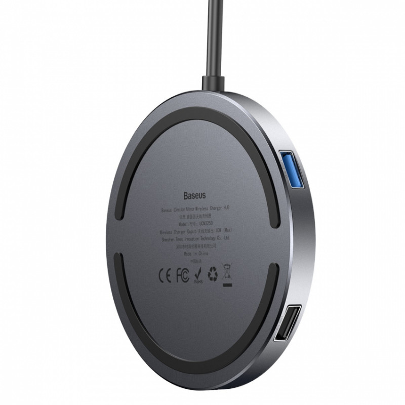 Бездротовий ЗП Baseus Circular Mirror+USB Hub Type-C to USB3.0*1+USB2.0*3+Type-C PD (WXJMY-0G)-