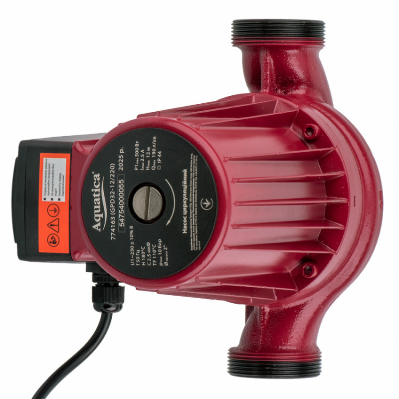 Насос циркуляційний 0.5кВт Hmax 12м Qmax 190л/хв Ø2" 220мм гайки Ø1¼" AQUATICA (774163)-774163