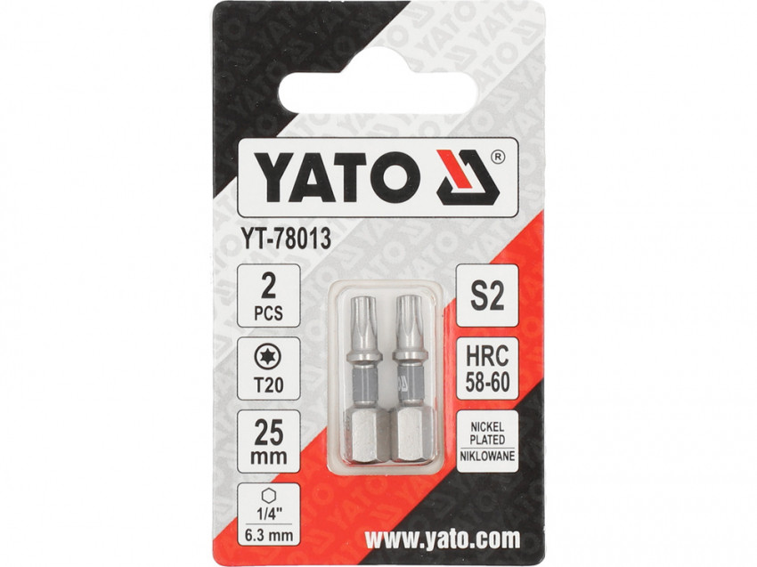 Насадка викруткова YATO; "TORX" T20 х 25 мм. шпиндель 6-гран- 1/4", покрита нікелем, 2 шт.[10]-YT-78013
