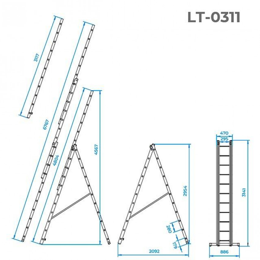 Драбина з алюмінію, 3-секційна, універсальна, розкладна, 3х11 сход., 7,33 м INTERTOOL LT-0311-LT-0311