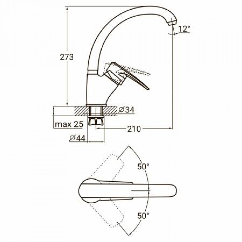 Змішувач ML Ø40 для кухні гусак вухо лат. шток на гайці AQUATICA (ML-4B441C)-ML-4B441C