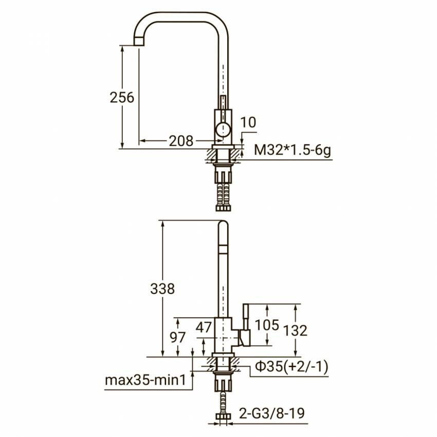 Змішувач KT Ø35 для кухні Г-гусак на гайці SS AQUATICA KT-4B270P (9722111)-9722111