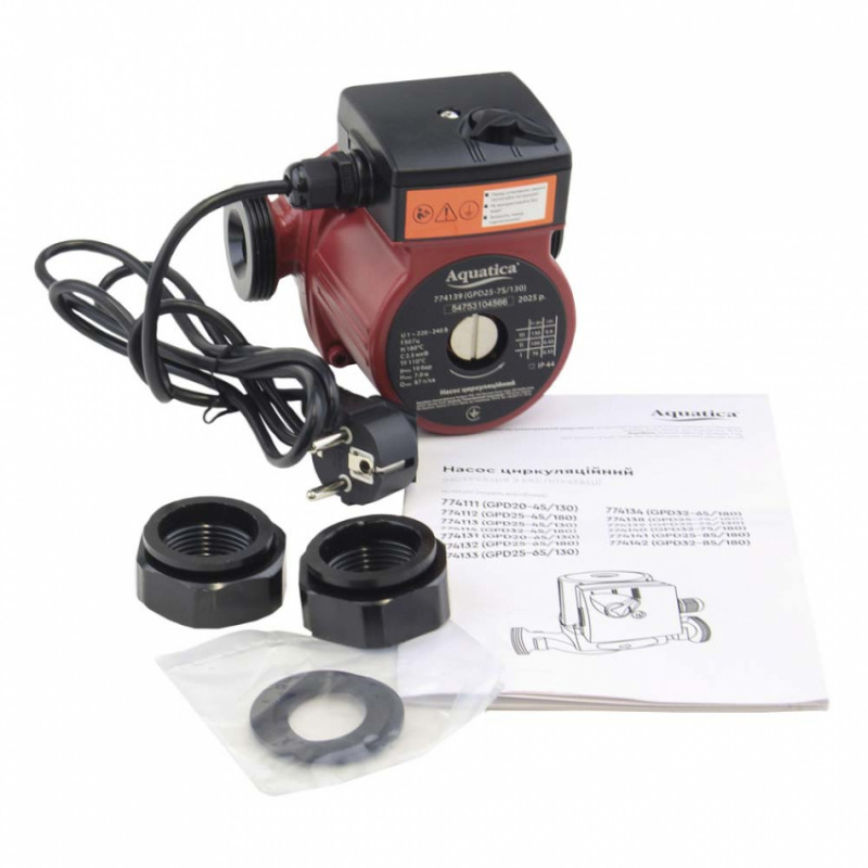 Насос циркуляційний 130Вт Hmax 7м Qmax 87л/хв Ø1½" 130мм гайки Ø1" AQUATICA (774139)-774139