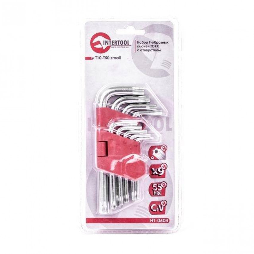 Набір ключів Г-подібних TORX з отвором, 9 од., Т10-Т50, Cr-V INTERTOOL HT-0604-HT-0604