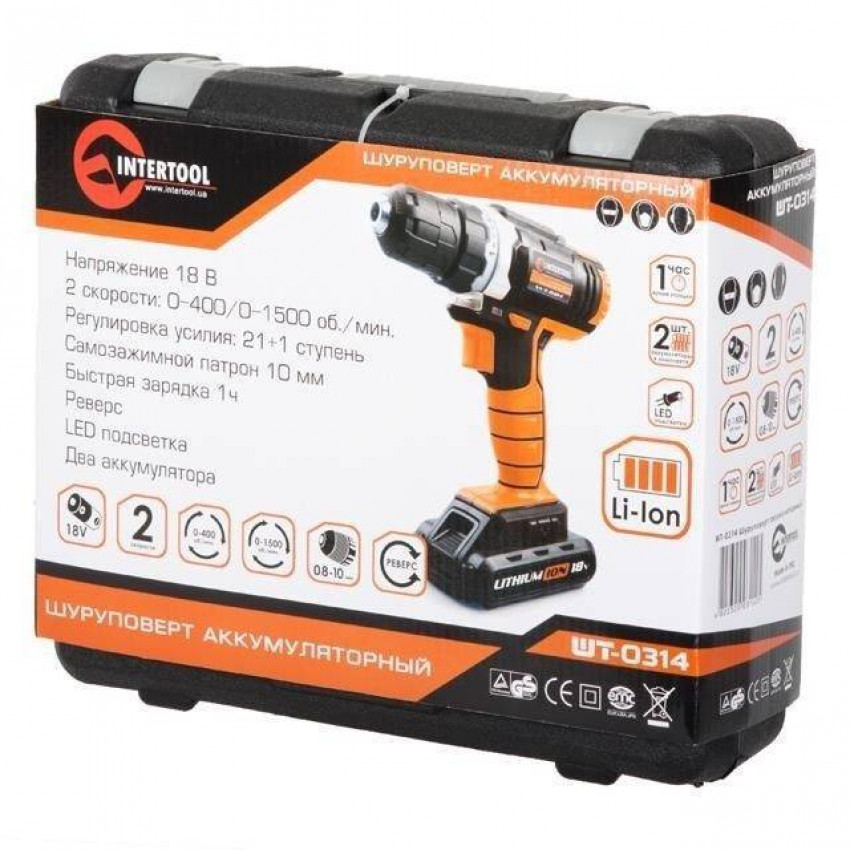 Дриль-шурупокрут акумуляторний Li-Ion 18 В, 25 Nm, 0-400/0-1500 об/хв, 2x2.0 Аг INTERTOOL WT-0314-WT-0314