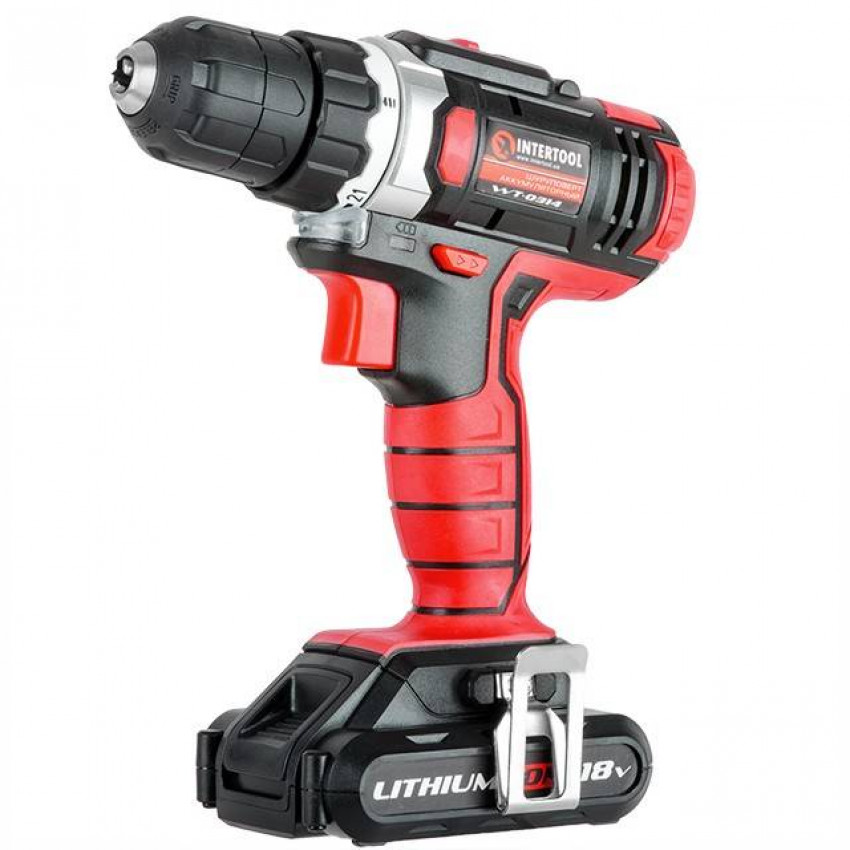 Дриль-шурупокрут акумуляторний Li-Ion 18 В, 25 Nm, 0-400/0-1500 об/хв, 2x2.0 Аг INTERTOOL WT-0314-WT-0314