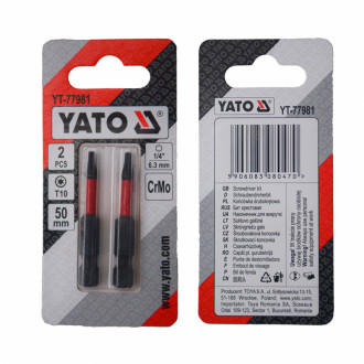 Насадка викруткова YATO TORX T10 х 50 мм HEX 1/4&quot;, хром-молібден, 2 шт.-[articul]