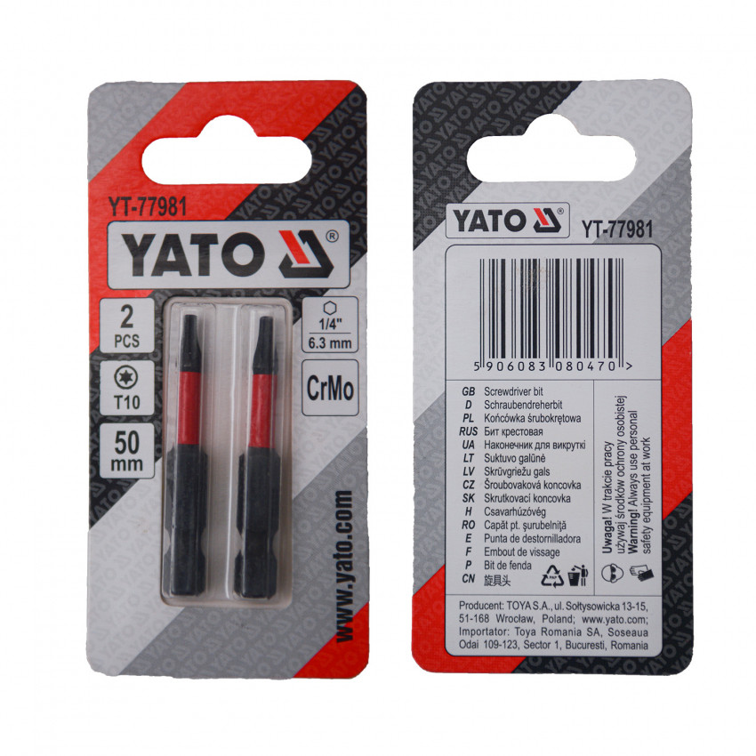 Насадка викруткова YATO TORX T10 х 50 мм HEX 1/4", хром-молібден, 2 шт.-YT-77981
