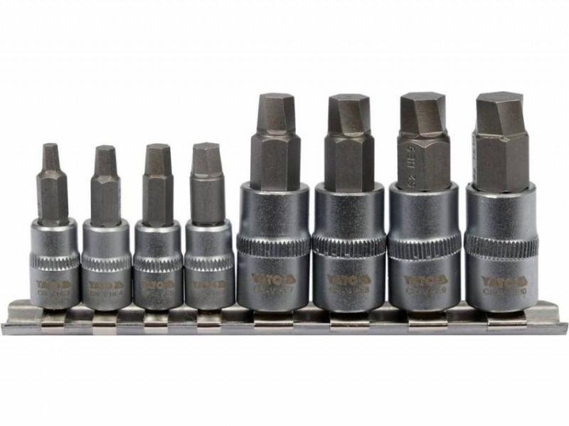 Головки торцеві з насад HEX спіральні для видалення зірв гвинтів YATO: до квадр. 1/4" і 3/8", 8 шт-YT-04580