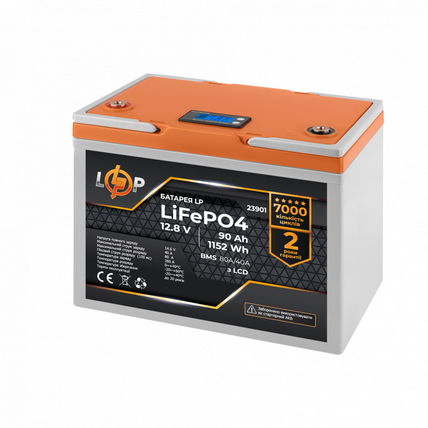 Акумулятор LP LiFePO4 12,8V - 90 Ah (1152Wh) (BMS 80A/40А) пластик LCD-