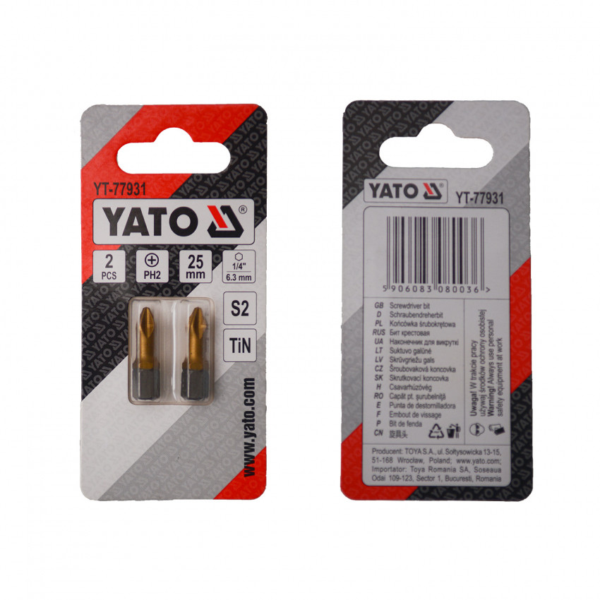 Насадка викруткова YATO PH2 х 25 мм. HEX 1/4", покрита титаном, 2 шт.-YT-77931