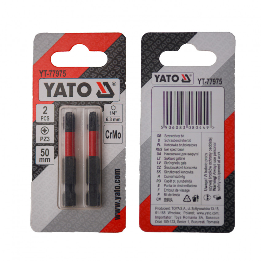 Насадка викруткова YATO PZ3 х 50 мм. HEX 1/4", хром-молібден, 2 шт.-YT-77975