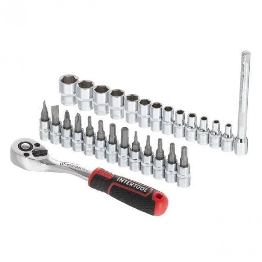 Набір головок 1/4 "4-14 мм., TORX, PH, HEX, FD, подовжувач, рукоятка з храповим механізмом 72 зуба, 28ед., Cr-V STORM INTERTOOL ET-8018-ET-8018