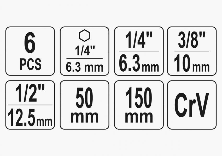 Тримачі-адаптери торцевих головок YATO: квадрат-1/4",3/8",1/2", L=50 та 150 мм, HEX-1/4", Cr-V, 6 шт.-YT-04629