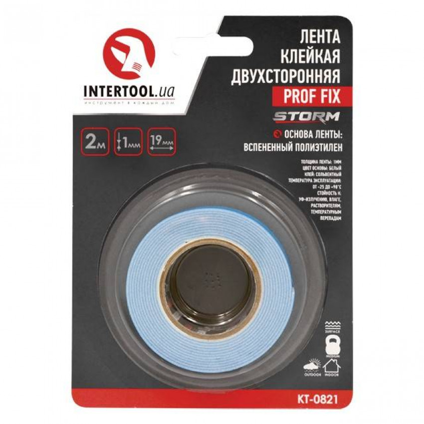 Стрічка клейка двостороння PROF FIX 19мм * 2м * 1мм, біла, спінений поліетилен, STORM INTERTOOL KT-0821-KT-0821