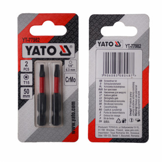 Насадка викруткова YATO TORX T15 х 50 мм. HEX 1/4&quot;, хром-молібден, 2 шт.-[articul]