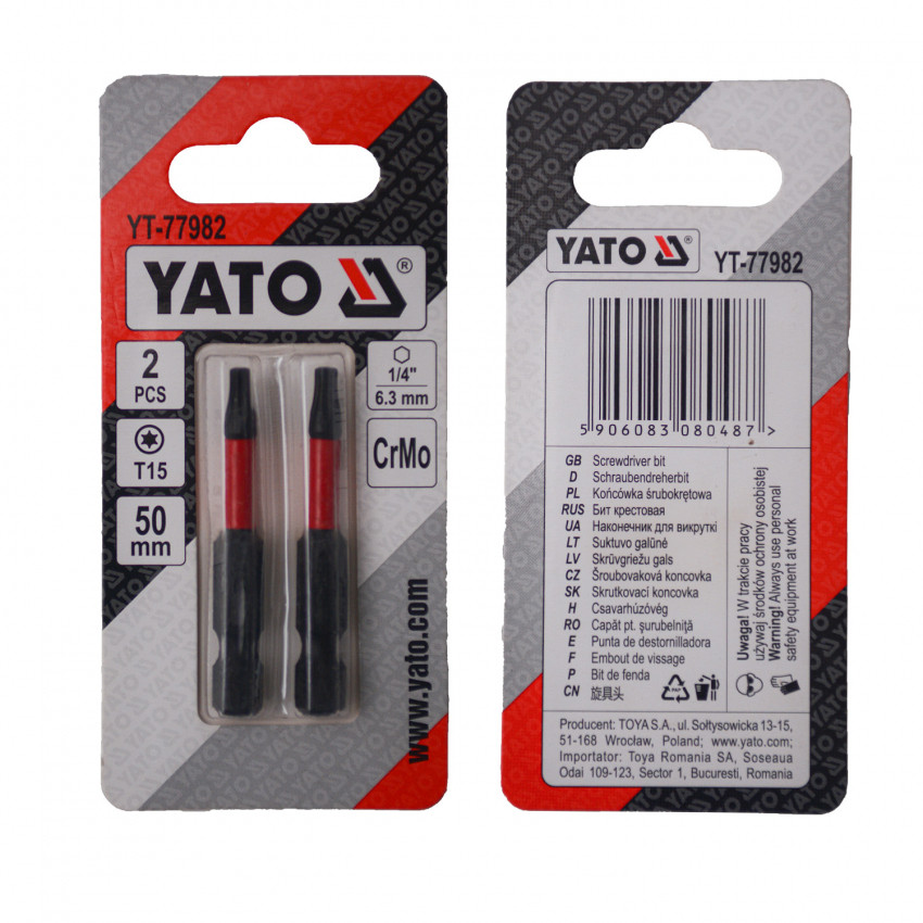 Насадка викруткова YATO TORX T15 х 50 мм. HEX 1/4", хром-молібден, 2 шт.-YT-77982