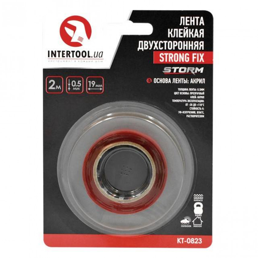 Стрічка клейка двостороння STRONG FIX 19мм * 2м * 0,5 мм, прозора, акрил, STORM INTERTOOL KT-0823-KT-0823