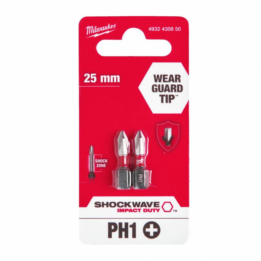 BIT SHOCKWAVE MILWAUKEE, PH1, 25 мм, (2 шт.)-4932430850