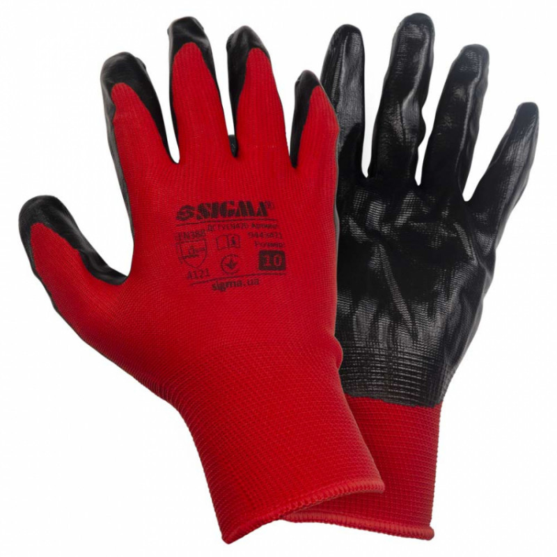 Рукавички трикотажні з частковим нітриловим покриттям р10 (червоно-чорні манжет) КРАТНО 12 парам SIGMA (9443471)-9443471