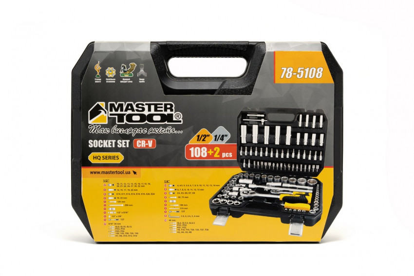 Набір насадок торцевих MASTERTOOL CrV 1/4" і 1/2" тріскачка 72Т 108 шт кейс 78-5108-78-5108