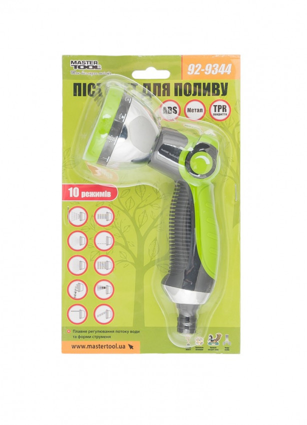 Пістолет для поливу MASTERTOOL 1/2" корпус ABS+метал TPR покриття 10 режимів плавне регулювання потоку 92-9344-92-9344