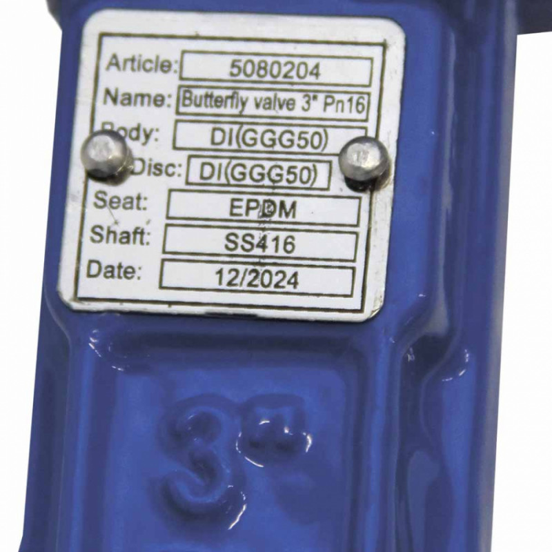 Затвор міжфланцевий «батерфляй» 3'' корпус чавун (GGG50) диск чавун (GGG50) EPDM PN16 FLORA (5080204)-5080204